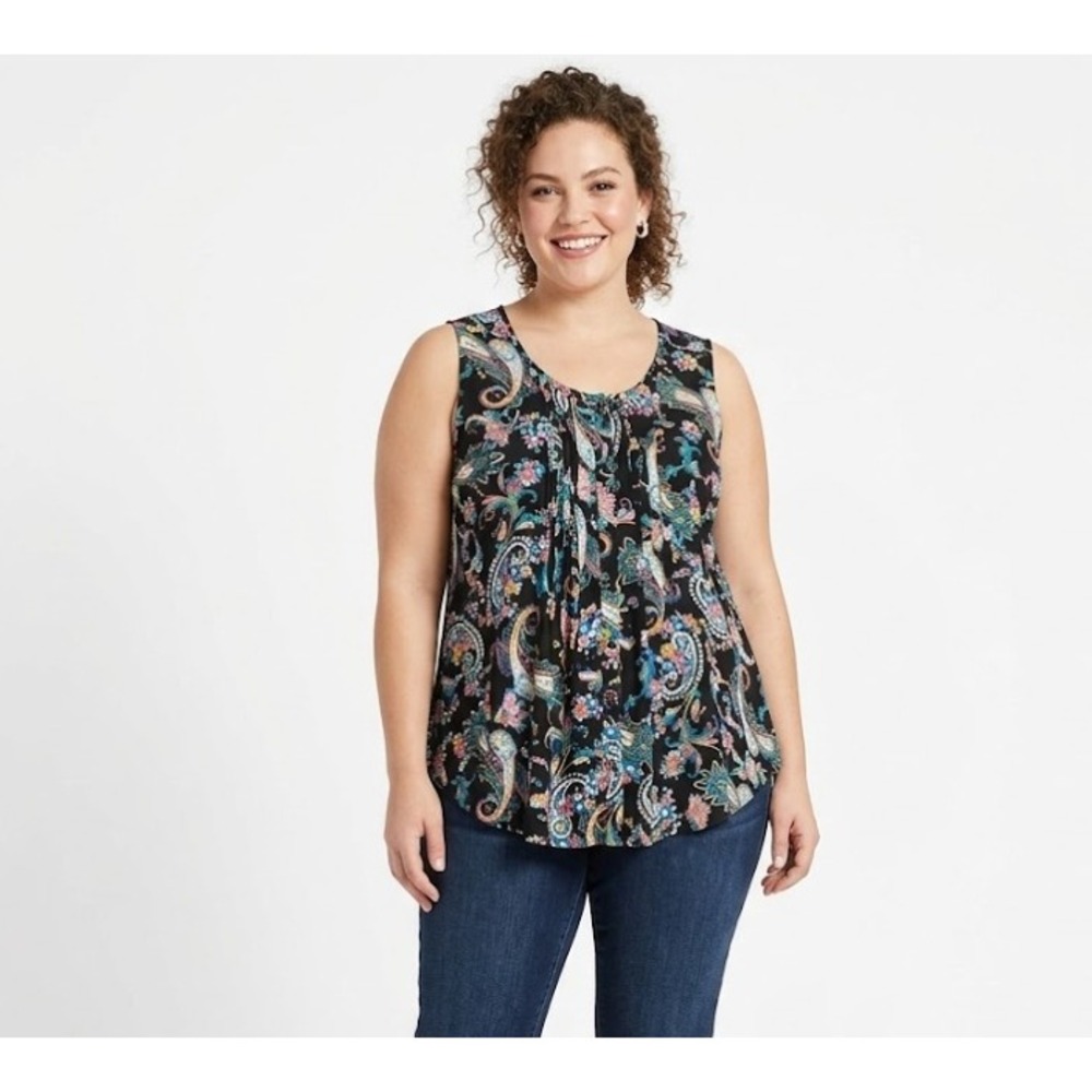 New Chelsea Multi Color Floral Paisley Stretch Tie Front Sleeveless Top 1X